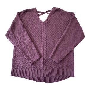 Alison Andrews Women's Medium Purple Knit Sweater V‎ Neck Back Cutout Cable